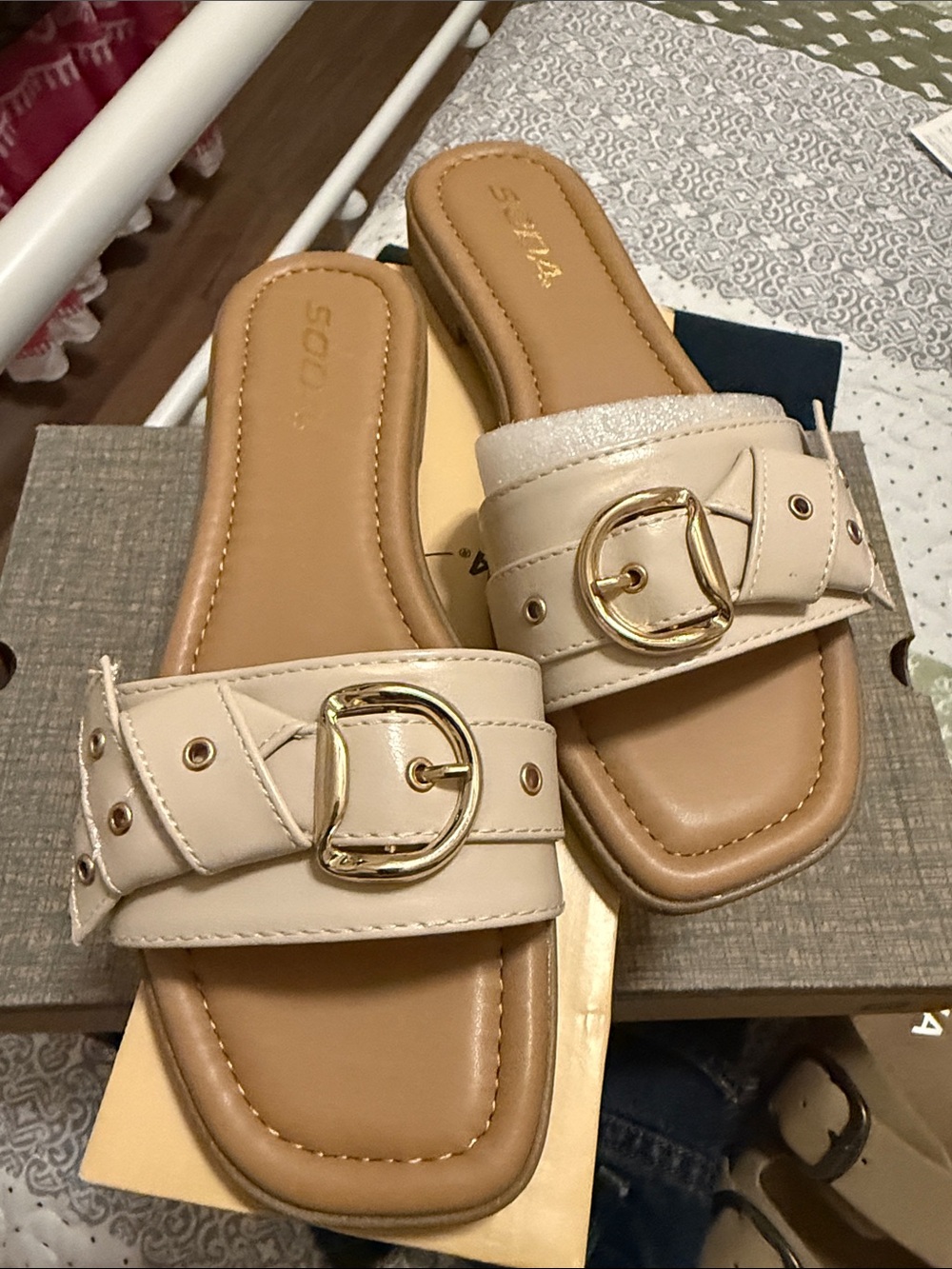 SODA Cream Slide Sandals with Gold Buckle